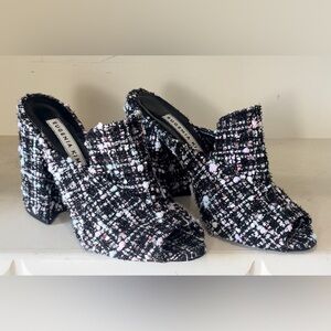 Anthropologie Eugenia Kim Tweed Open Toe Chunky Heel Mules Size EU 39